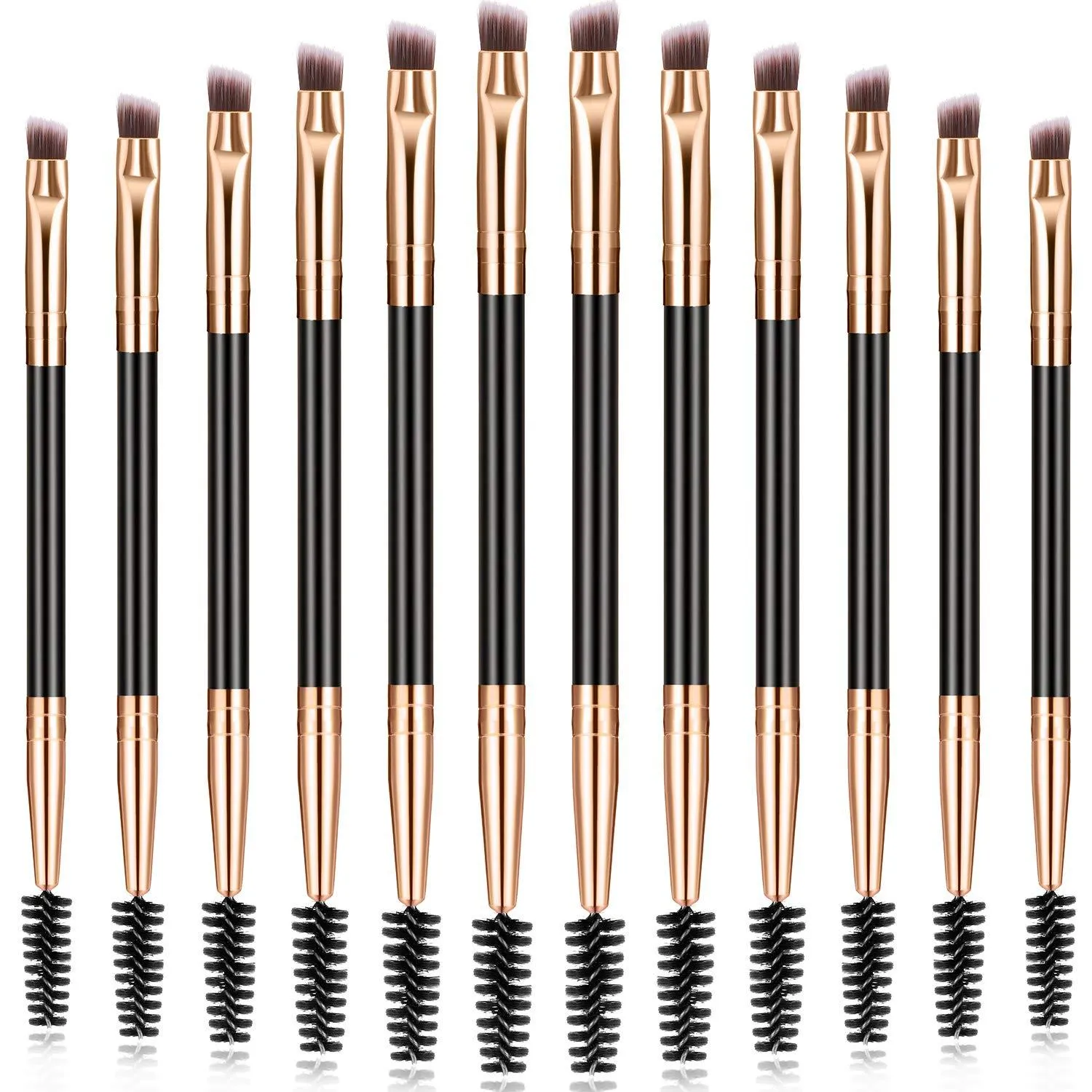 12 Packs Duo Eyebrow Brush, Spoolie Brush and Angled Brow Brush, Multi-functional Mini Eyelash Brush for Tinting Angled Eyebrow, Suitable for Cream Gel (Gold) Gold