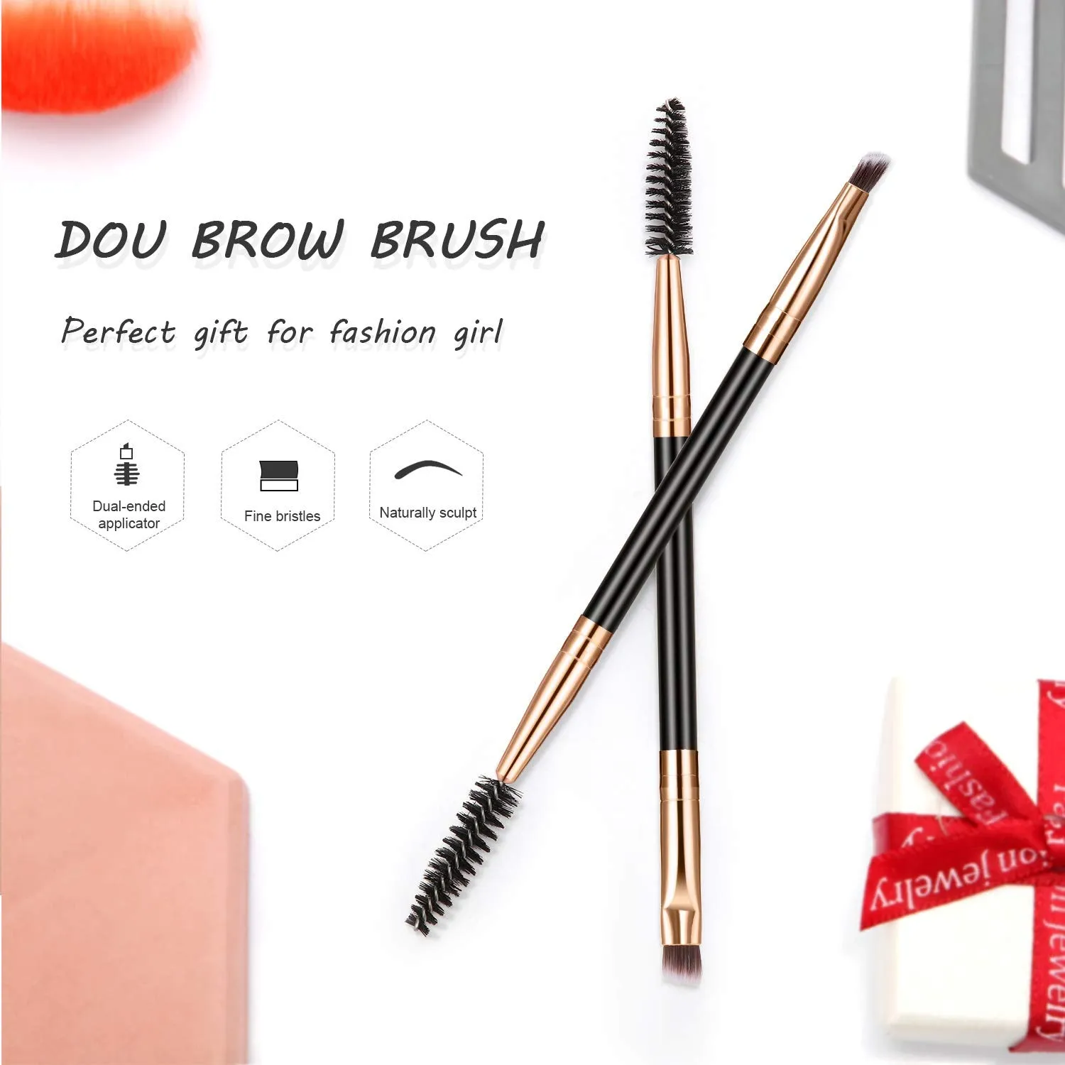 12 Packs Duo Eyebrow Brush, Spoolie Brush and Angled Brow Brush, Multi-functional Mini Eyelash Brush for Tinting Angled Eyebrow, Suitable for Cream Gel (Gold) Gold