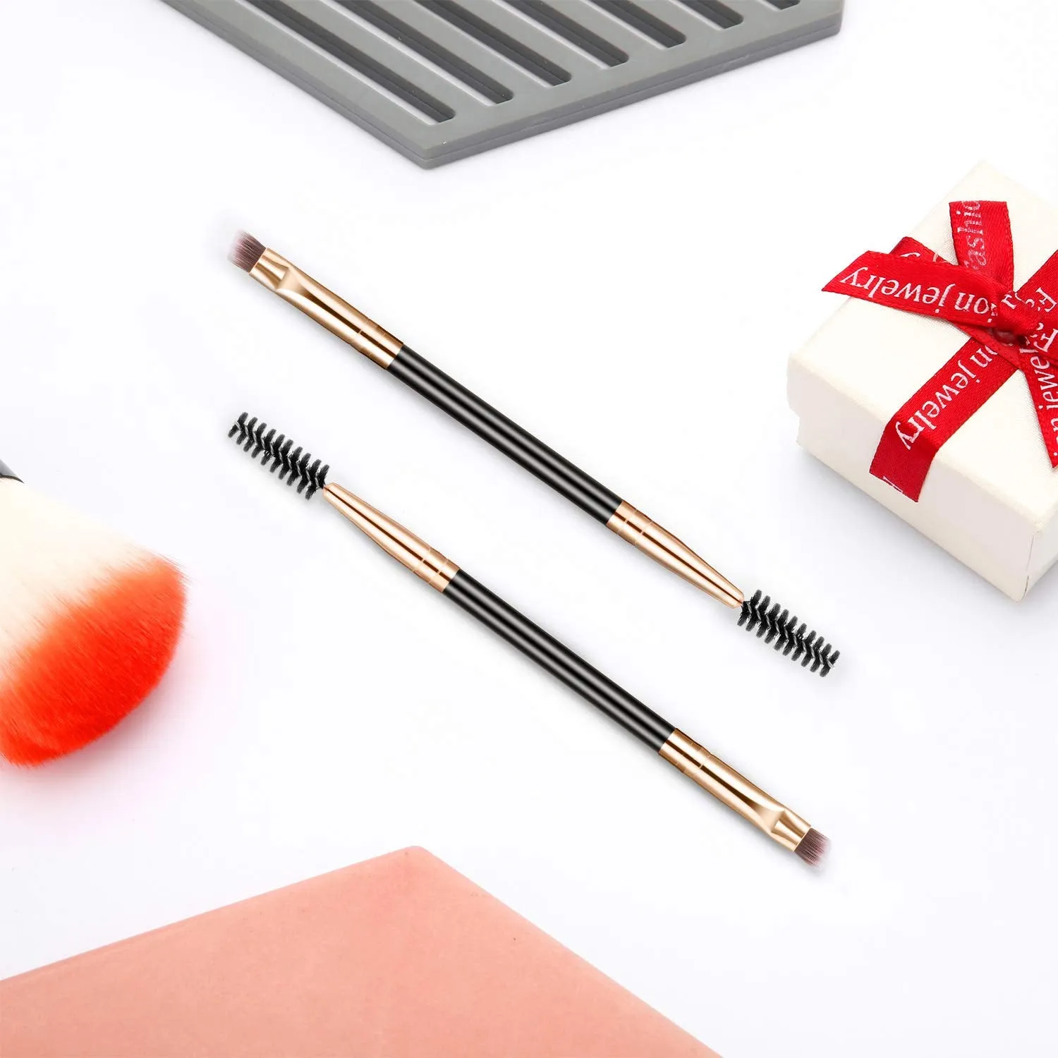 12 Packs Duo Eyebrow Brush, Spoolie Brush and Angled Brow Brush, Multi-functional Mini Eyelash Brush for Tinting Angled Eyebrow, Suitable for Cream Gel (Gold) Gold